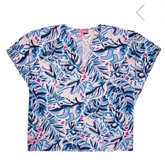 NWOT Simply Southern Women's Drape Blouse Top V-Neck Pullover‎ Blue Pink X-Large - Picture 1 of 5